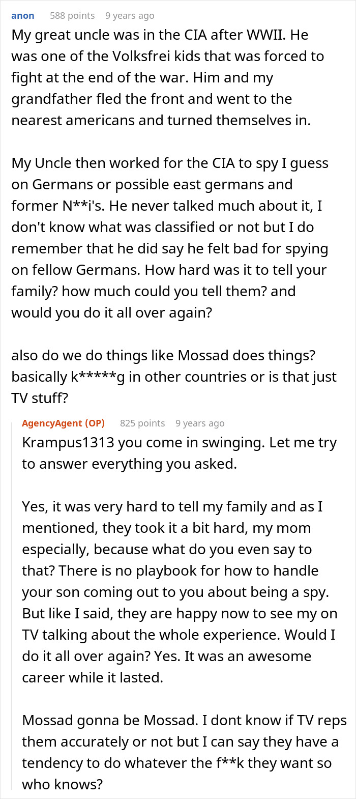 Reddit AMA text excerpt featuring a former CIA case officer answering questions about spying and intelligence.