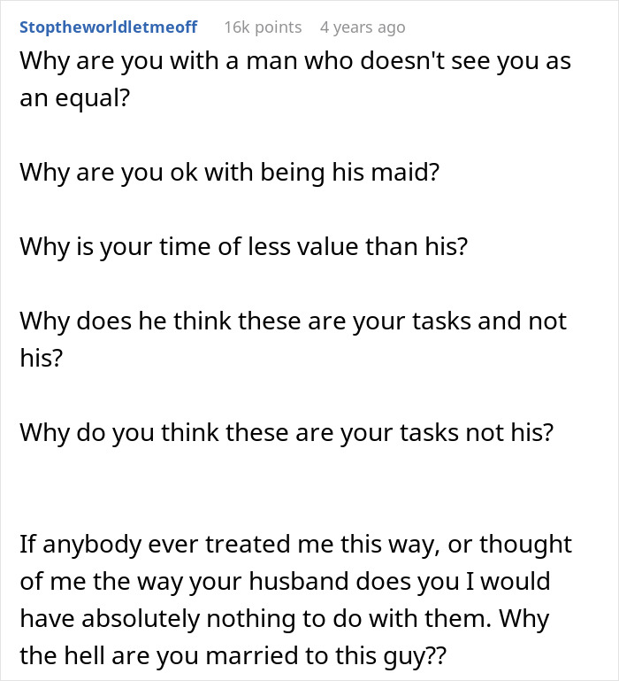 Comment criticizing a man complaining about fast food while wife works longer shifts, questioning unequal task division.