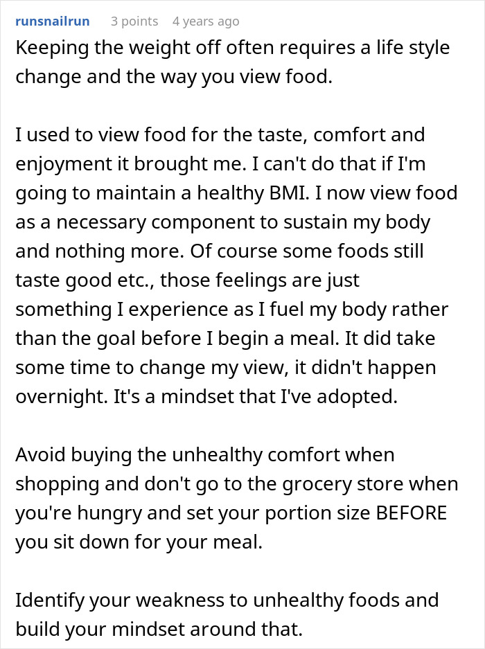 Comment discussing struggles with accepting wife's weight gain and mindset changes around food and body image.