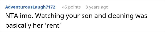 Screenshot of an online comment stating refusal to babysit and clean as justification for not housing sister.