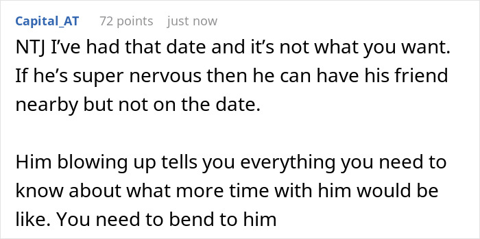 Text comment about a nervous guy bringing his bestie to chaperone his first date and the lady being told to chill.