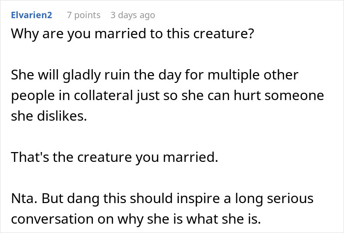 Screenshot of an online comment discussing a husband's reaction after his wife reveals her planned outfit for brother’s wedding.