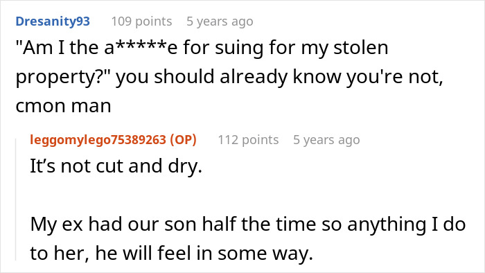 Screenshot of a Reddit conversation about a cheating ex-wife's boyfriend stealing expensive Lego sets and the legal dispute that followed.