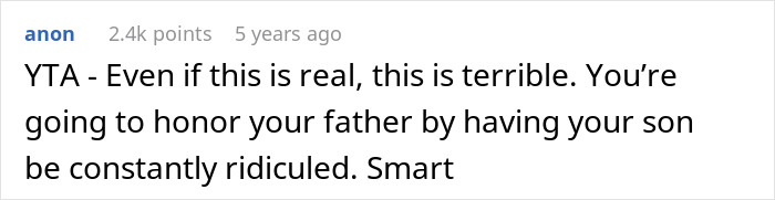 Comment on naming son Harry Potter, calling it terrible and predicting constant ridicule for the child.