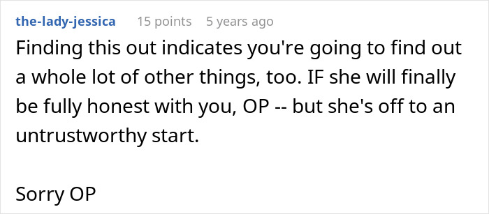 Screenshot of a forum comment discussing trust issues after a guy calls off wedding due to fianc&eacute;e keeping secrets.