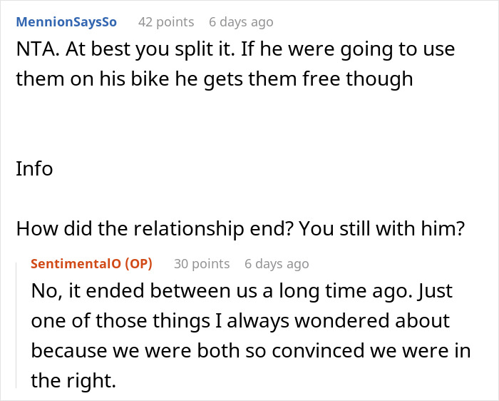 Screenshot of a Reddit thread discussing a guy turning his girlfriend’s bike spare parts purchase into a payday.