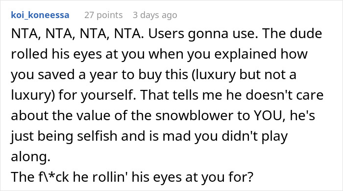 Screenshot of a comment defending a woman who refused to lend her new snow blower to a neighbor she never met before.