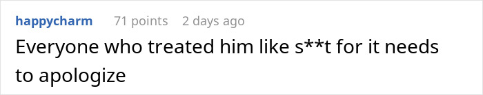 Comment text on a white background discussing apology to people who treated a man badly during his 35 years of throat pain.