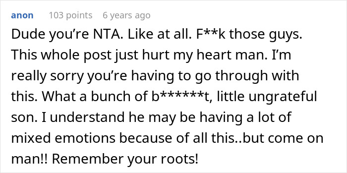 Screenshot of online comment expressing support amid drama over last name and spending time with biological dad.