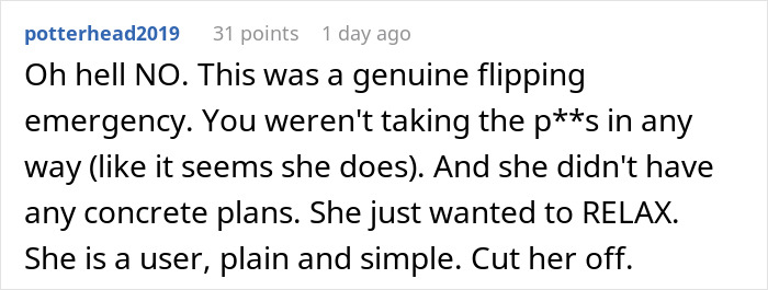 Screenshot of a Reddit comment expressing frustration about a woman asking for favors but not reciprocating when family needs help.
