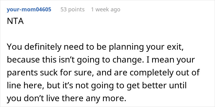 Comment discussing sister family parenting drama and the need to plan an exit from a difficult home situation.