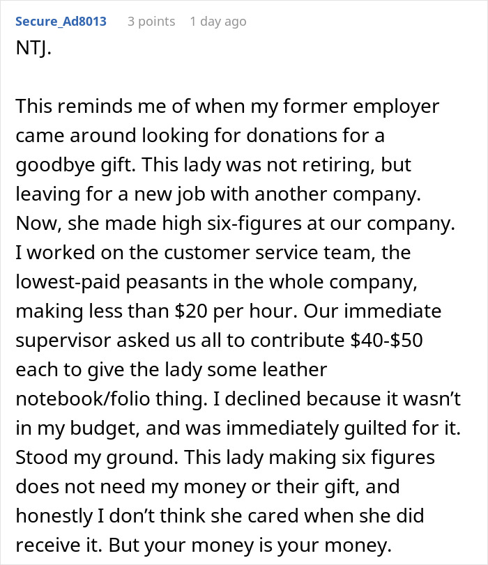 Screenshot of a Reddit comment about a woman refusing to contribute $50 to a coworker's retirement gift due to budget concerns.