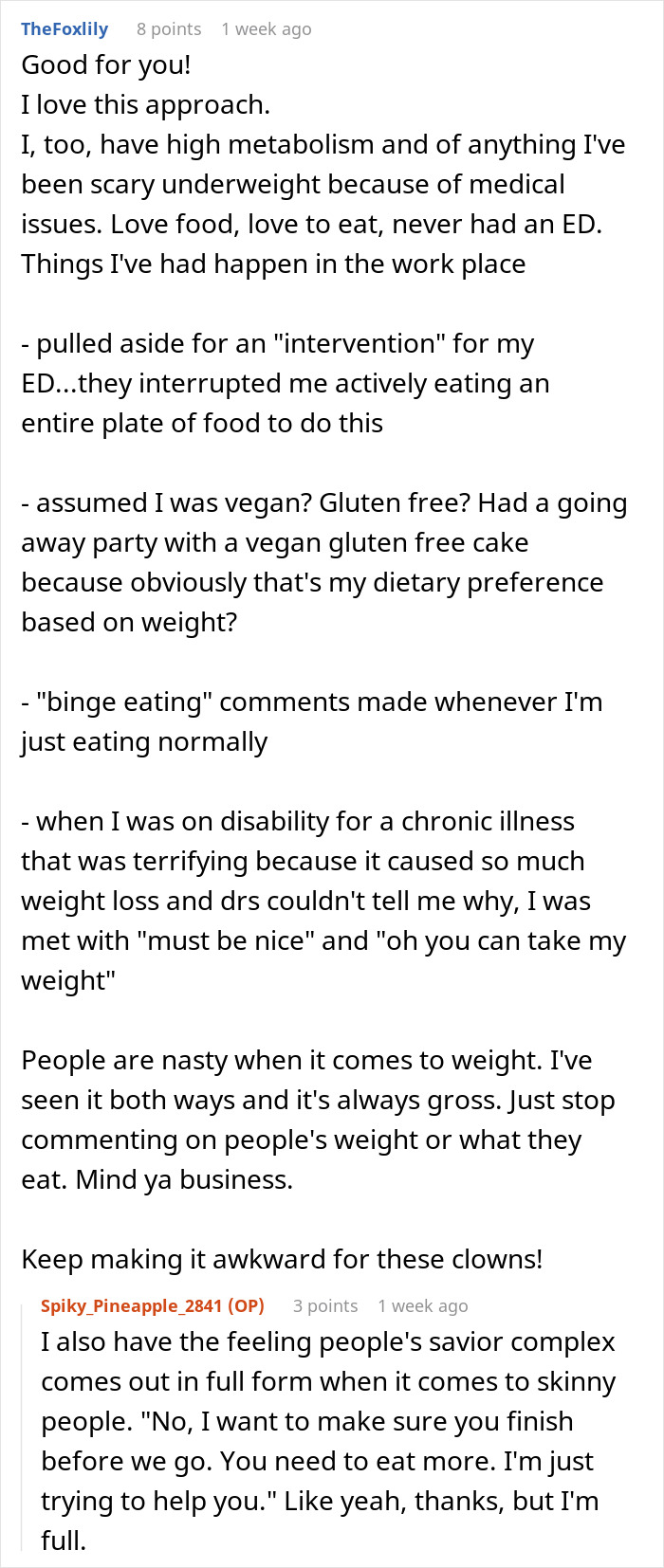 Reddit thread discussing workplace comments on low weight and how a man deals with his boss's remarks.