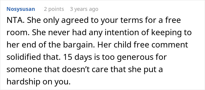 Comment from Nosysusan discussing a woman refusing to house her sister after she declines babysitting and cleaning duties.