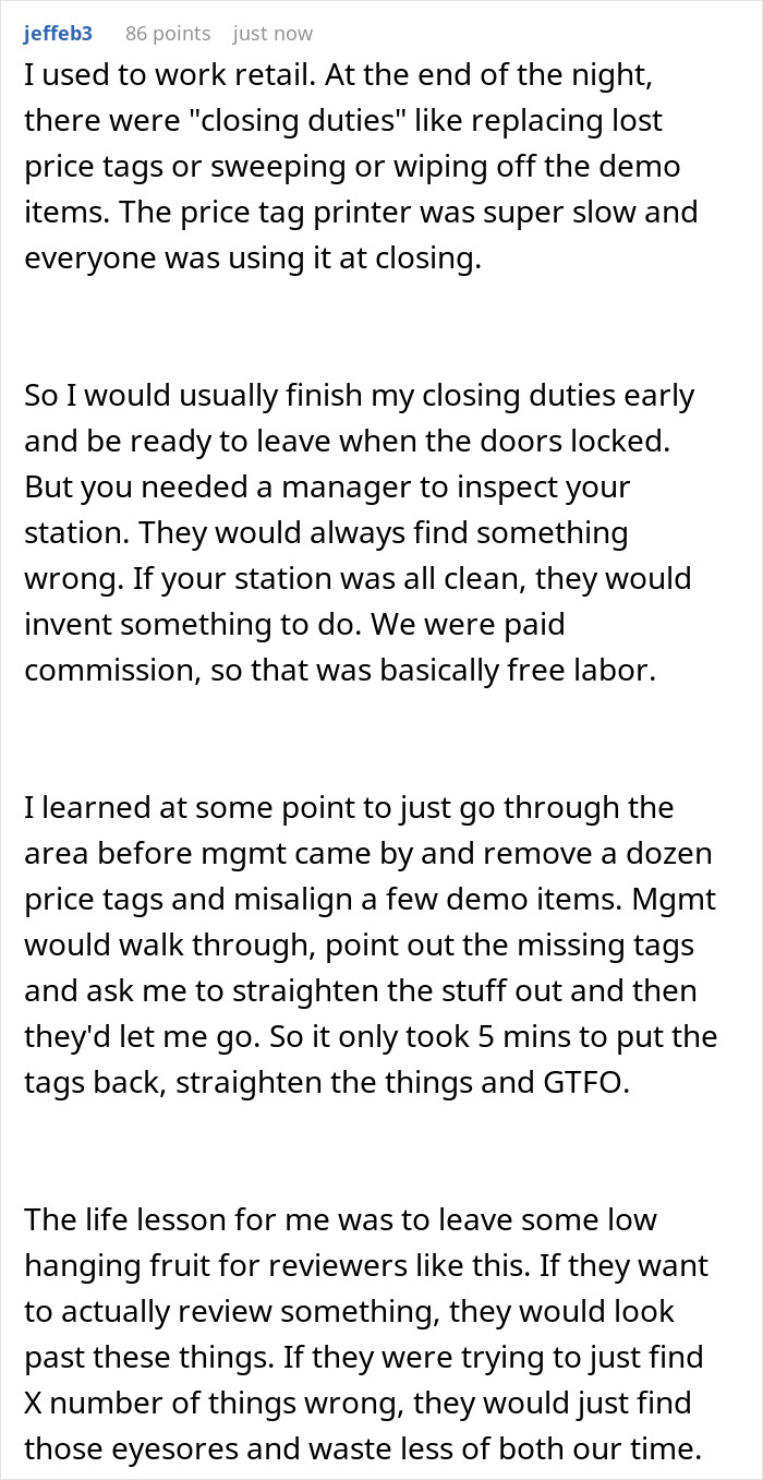 Text post showing a retail worker describing closing duties and management inspections in a work report.