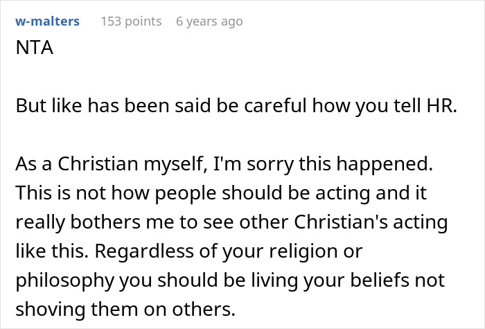 Screenshot of a forum post discussing coworker preaching about Jesus in meetings and concerns about HR handling the situation.