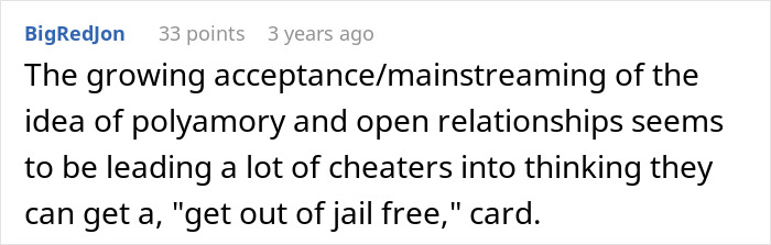 Comment about open relationships and polyamory linked to cheating, displayed on a social media platform.