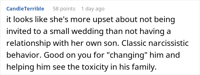 Comment discussing MIL accusing DIL of changing son after he cuts toxic family and excludes her from wedding.