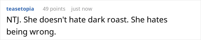 Screenshot of an online forum post showing a coffee snob wife rant about hating dark roast while hubby reveals she drinks it daily.