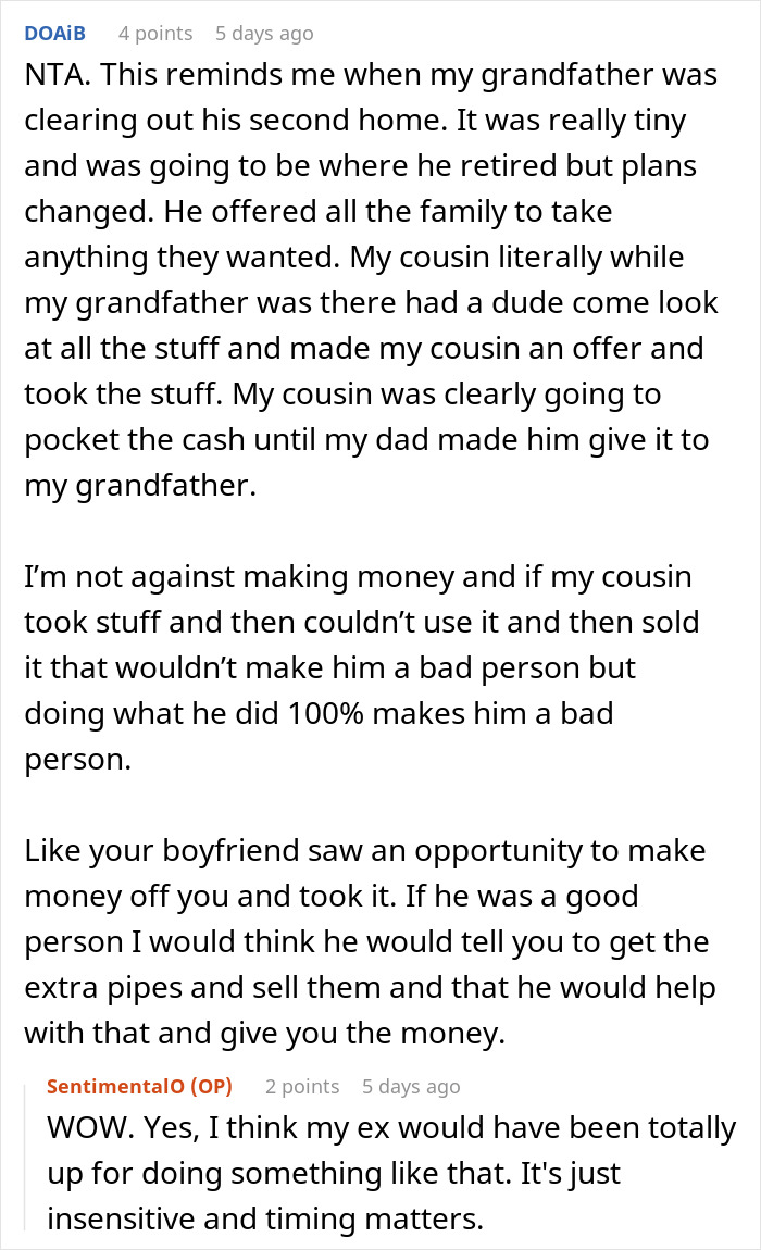 Screenshot of a Reddit discussion about profiting from selling bike spare parts without sharing with the buyer.