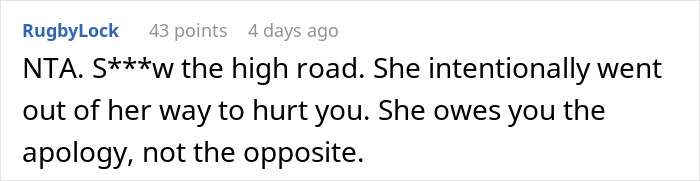 Commenter responding to a woman firing back after sister insults her, causing husband to go red and kids to be confused.