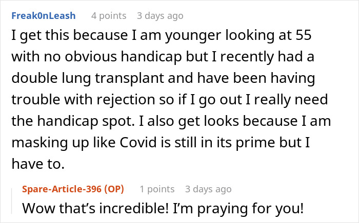 Screenshot of a Reddit comment discussing challenges with using a handicapped parking spot due to hidden health issues.
