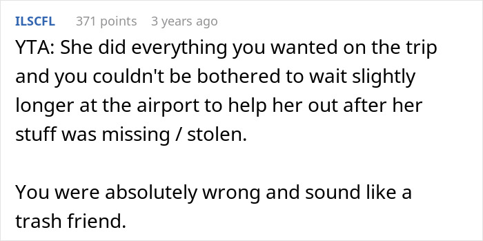 Screenshot of a Reddit comment calling out a friend who left at the airport after her carry-on went missing.