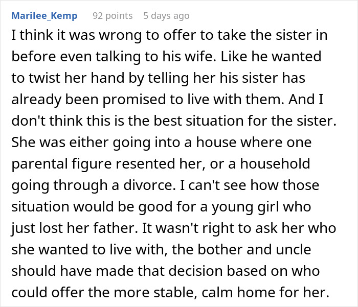 Comment discussing wife refusing to adopt underage sister amid family challenges and custody decisions for stability.