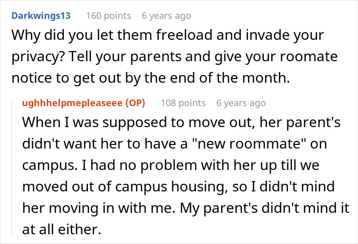 Online discussion about woman stunned as roommate&rsquo;s parents use spare key to enter and act like babysitters, sharing advice.