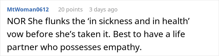 Comment text discussing a man learning in sickness and health vows are challenged when his fiancée prioritizes coffee over his pain. Comment text discussing a man learning in sickness and health vows are challenged when his fiancée prioritizes coffee over his pain.