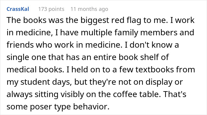 Text post discussing skepticism about a woman posing as a psychiatric nurse based on her medical books display.