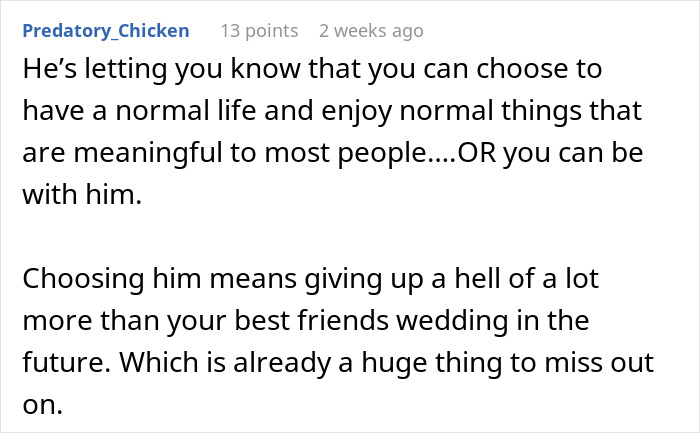 Text comment about a man struggling with his girlfriend doing maid of honor duties, revealing his true face.