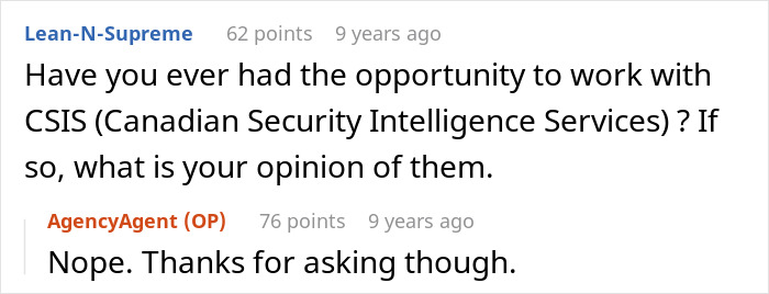Screenshot of an online Ask Me Anything conversation with a former CIA case officer answering user questions.