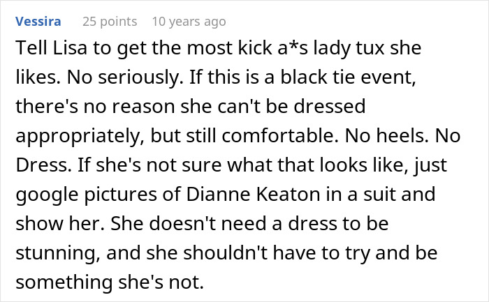 Comment discussing a guy upset his girlfriend refuses to wear dresses for a wedding, suggesting stylish alternative attire.