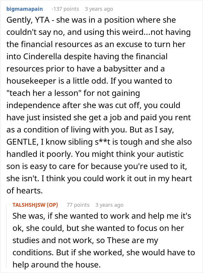 Screenshot of an online discussion about a woman refusing to house her sister over babysitting and cleaning disagreements.