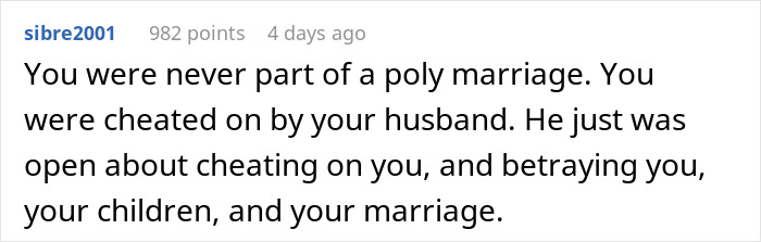 Comment text on polyamory and betrayal, discussing a woman's experience after three years of unwanted polyamory.