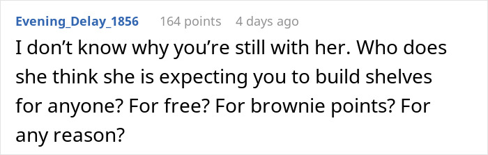 Screenshot of a forum comment discussing a woman volunteering her boyfriend for free labor and his refusal.