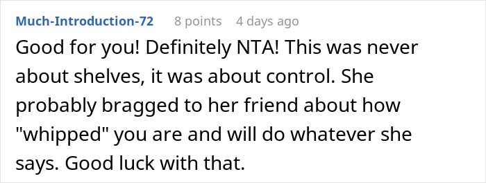 Screenshot of a user comment discussing control and refusal related to a woman volunteering her boyfriend for free labor.