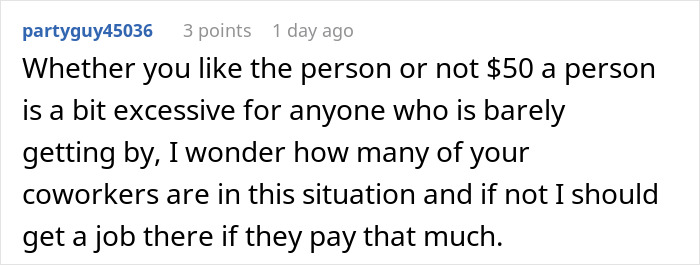 Comment about a woman refusing to contribute $50 to a coworker's retirement gift after difficult work experiences.
