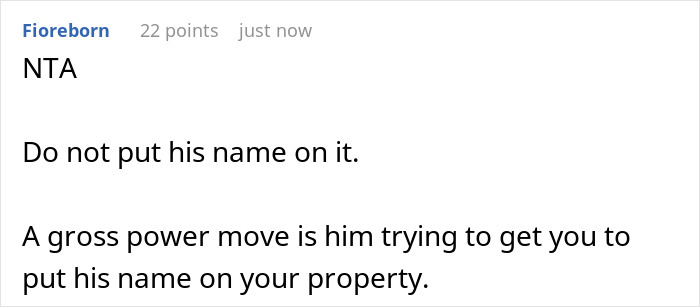 Text comment warning against adding a man with debt to girlfriend’s inherited house deed to protect property rights.