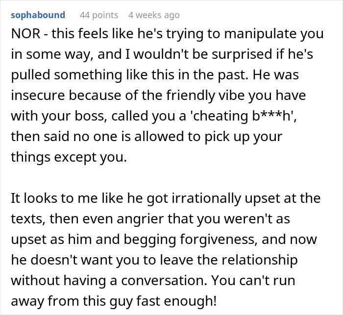 Commenter explains boyfriend&rsquo;s irrational anger over woman&rsquo;s friendly conversations with boss causing relationship tension.