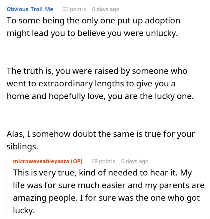 Reddit conversation discussing adoptee feelings and birth mom claims about DNA and ATM access causing a cash grab shock.