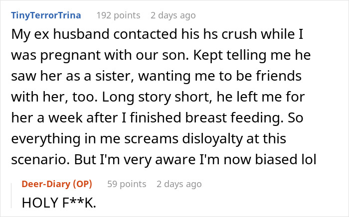 Comment describing a married man texting a woman he loved 15 years ago and addressing his wife's reaction to not freak out.