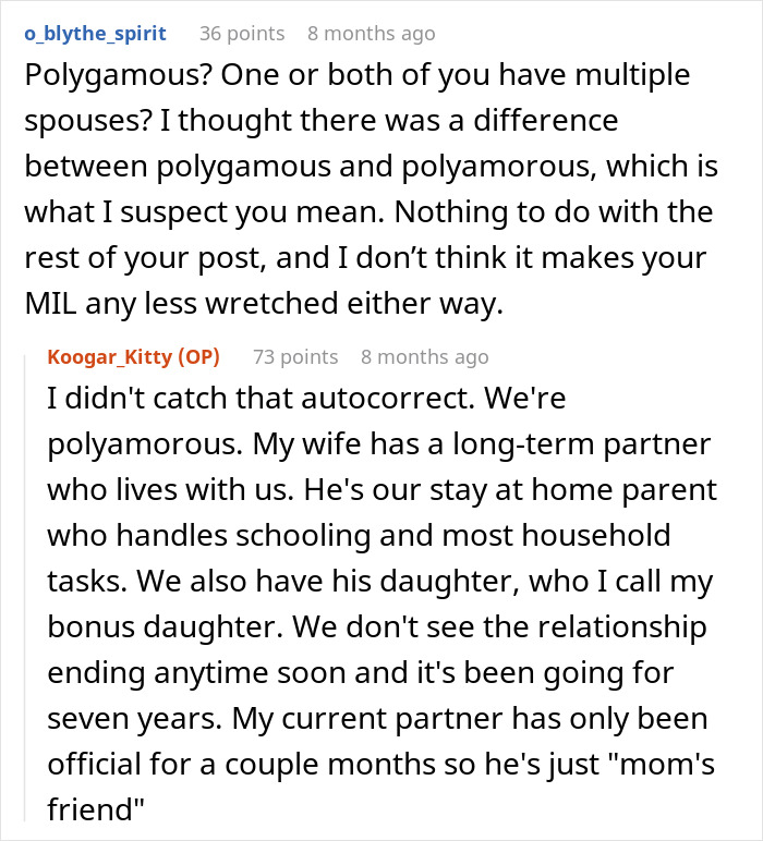 Reddit user discussing polygamous and polyamorous family lifestyle and reactions from MIL and FIL after granddaughter says she is lesbian.