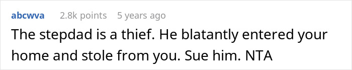 Comment screenshot showing a user calling the stepdad a thief who blatantly stole from the home and advising to sue him.