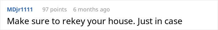 Screenshot of an online comment advising to rekey the house, related to family conflict and moving in issues.