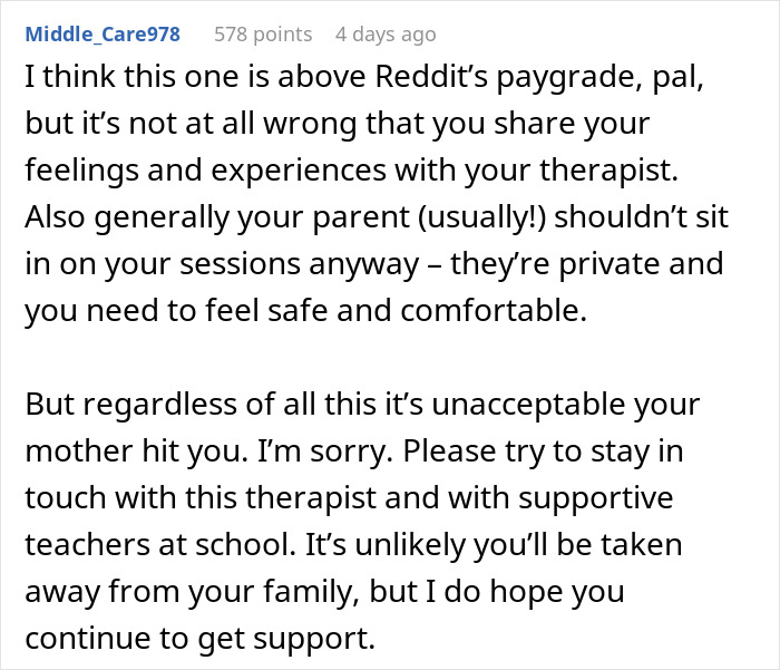 Comment discussing teen regrets being honest with her therapist after her mom faces CPS trouble, emphasizing privacy and support. Comment discussing teen regrets being honest with her therapist after her mom faces CPS trouble, emphasizing privacy and support.