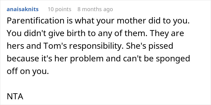 Screenshot of a Reddit comment discussing parentification and a teen being overwhelmed as a third parent to 7 kids.
