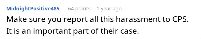 Screenshot of a Reddit comment advising to report harassment to CPS, related to a teen escaping a horrible family.