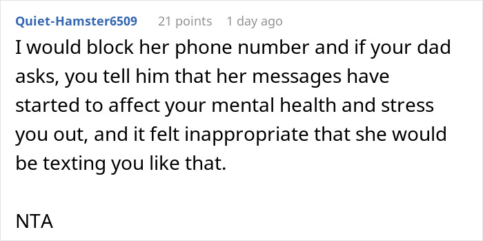 Reddit comment advising to block woman&rsquo;s messages affecting mental health in family rules conflict with boyfriend&rsquo;s son.